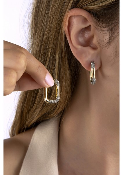 Altın Renkli Rodajlı Taşlı Dikdörtgen Küpe