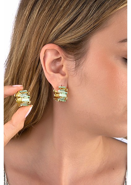 Sedefli Mavi Dörtgen Şekilli Gold Halka Küpe