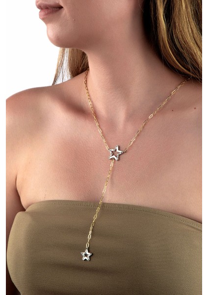 Altın Renkli Ataş Zincirli Taşlı Yıldız Figürlü Y Kolye