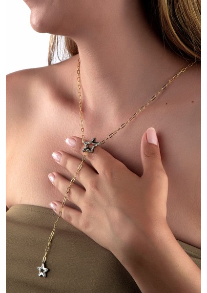 Altın Renkli Ataş Zincirli Taşlı Yıldız Figürlü Y Kolye fiyatları