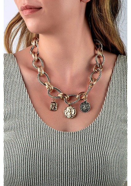 Antik Görünümlü Madalyon Charmlı Sarmal Halka Kalın Kolye