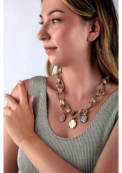 Antik Görünümlü Madalyon Charmlı Sarmal Halka Kalın Kolye fiyatları