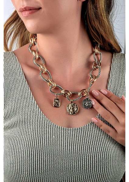 Antik Görünümlü Madalyon Charmlı Sarmal Halka Kalın Kolye modelleri