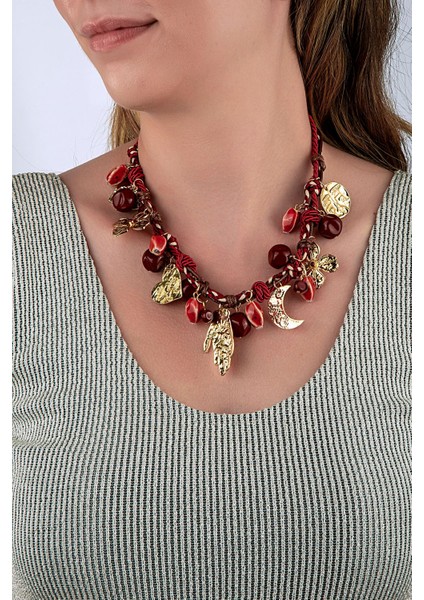 Meyve Görünümlü Taşlı & Gold Charmlı Bordo Kolye
