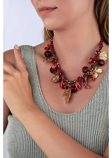 Meyve Görünümlü Taşlı & Gold Charmlı Bordo Kolye modelleri