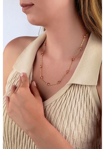 Çubuk Zincirli Yuvarlak Kesim Pembe Taşlı Gold Y Kolye