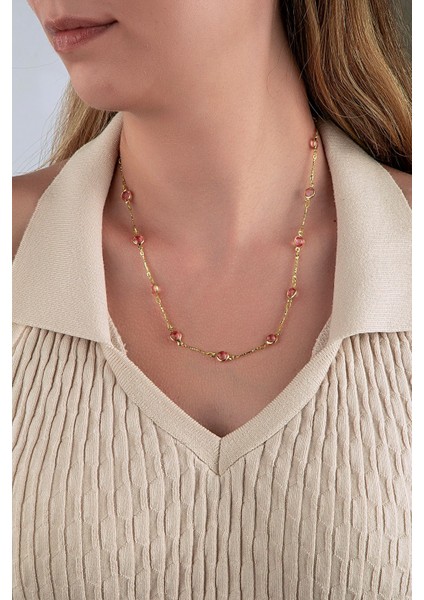 Çubuk Zincirli Yuvarlak Kesim Pembe Taşlı Gold Y Kolye fiyatları