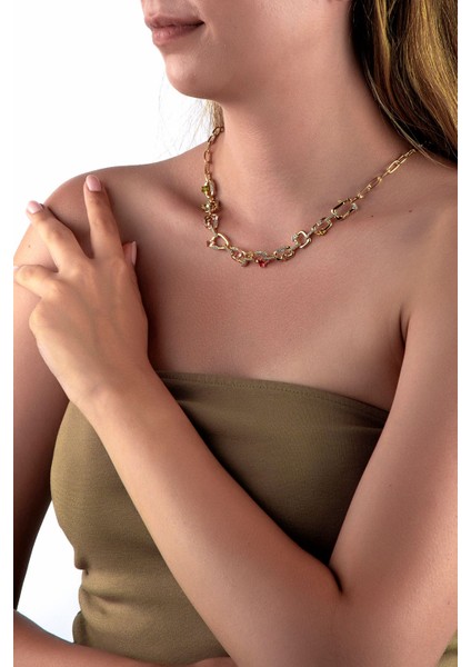 Altın Renkli Ataş Zincirli Pastel Renk Taşlı Serbest Form Zincir Kolye