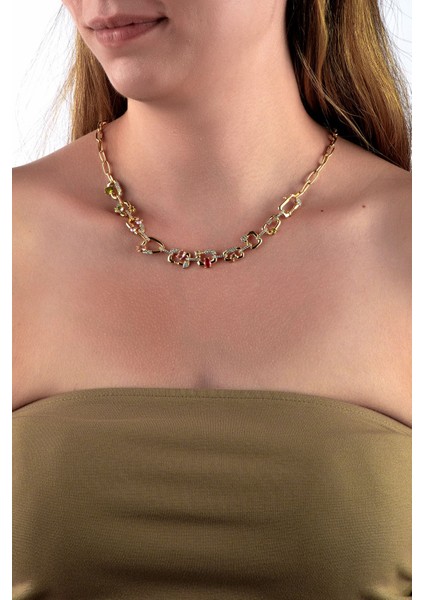 Altın Renkli Ataş Zincirli Pastel Renk Taşlı Serbest Form Zincir Kolye fiyatları