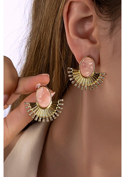 Pembe Sedefli ve Renk Yansımalı Yarım Daire Küpe