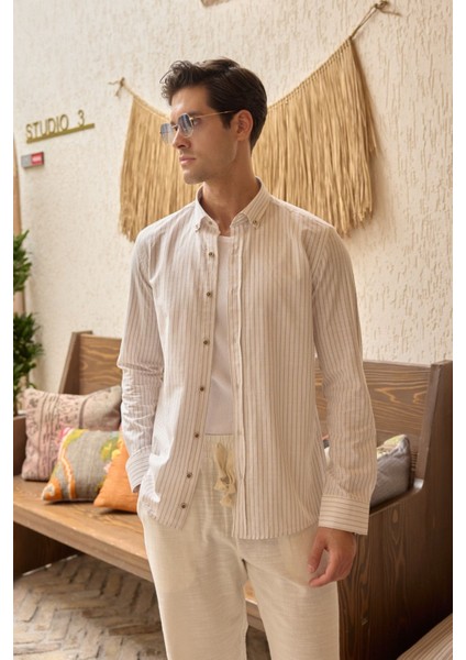 Onan Erkek Klasik Gömlek Modern Slim Fit Keten Görünümlü Ince Çizgili Desen