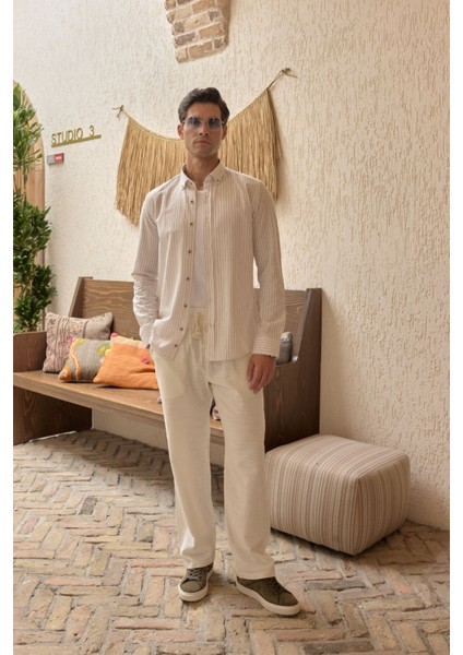 Onan Erkek Klasik Gömlek Modern Slim Fit Keten Görünümlü Ince Çizgili Desen fiyatları