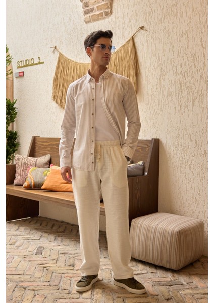 Onan Erkek Klasik Gömlek Modern Slim Fit Keten Görünümlü Ince Çizgili Desen modelleri