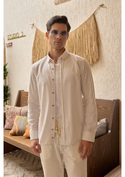 Onan Erkek Klasik Gömlek Modern Slim Fit Keten Görünümlü Ince Çizgili Desen fırsatları