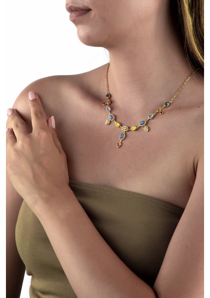 Altın Renkli Renkli Taşlı Geometrik Mavi Opal Kolye