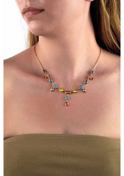 Altın Renkli Renkli Taşlı Geometrik Mavi Opal Kolye fiyatları