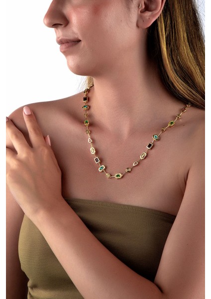Altın Renkli Renkli Taşlı Geometrik Kolye