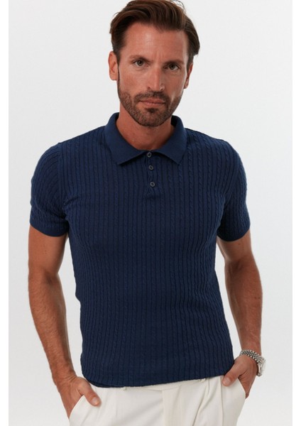 Erkek Polo Yaka Örgü Desenli Kısa Kollu Yazlık Triko Tişört