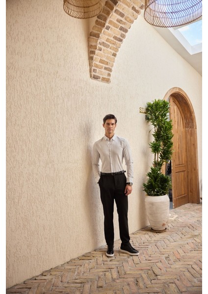 Onan Erkek Klasik Gömlek Modern Slim Fit Keten Görünümlü Ince Çizgili Desen fiyatları