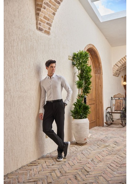 Onan Erkek Klasik Gömlek Modern Slim Fit Keten Görünümlü Ince Çizgili Desen fırsatları