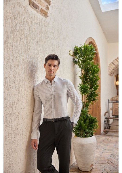 Onan Erkek Klasik Gömlek Modern Slim Fit Keten Görünümlü Ince Çizgili Desen indirimleri