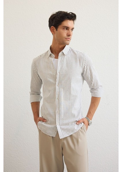 Onan Erkek Klasik Gömlek Modern Slim Fit Keten Görünümlü Ince Çizgili Desen fiyatları