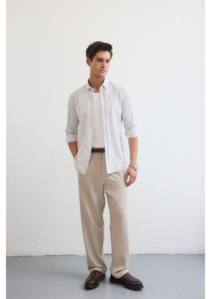 Onan Erkek Klasik Gömlek Modern Slim Fit Keten Görünümlü Ince Çizgili Desen modelleri