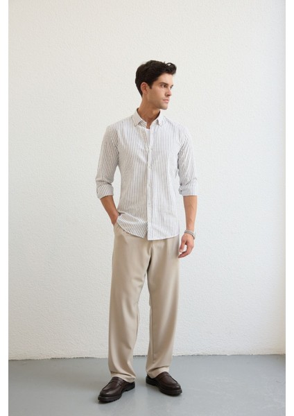 Onan Erkek Klasik Gömlek Modern Slim Fit Keten Görünümlü Ince Çizgili Desen indirimleri