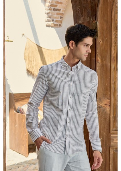 Onan Erkek Klasik Gömlek Modern Slim Fit Keten Görünümlü Ince Çizgili Desen
