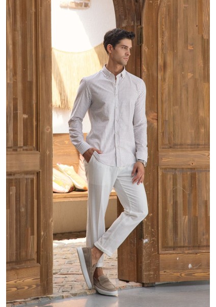 Onan Erkek Klasik Gömlek Modern Slim Fit Keten Görünümlü Ince Çizgili Desen fiyatları