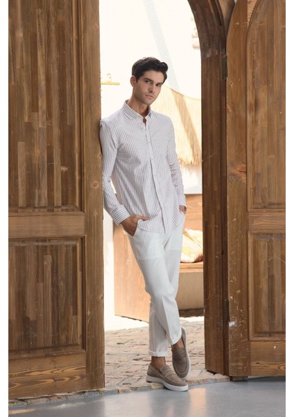 Onan Erkek Klasik Gömlek Modern Slim Fit Keten Görünümlü Ince Çizgili Desen modelleri