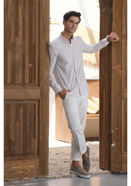 Onan Erkek Klasik Gömlek Modern Slim Fit Keten Görünümlü Ince Çizgili Desen fırsatları