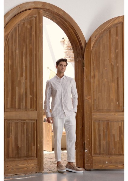 Onan Erkek Klasik Gömlek Modern Slim Fit Keten Görünümlü Ince Çizgili Desen indirimleri