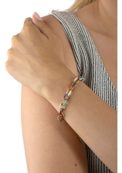 Altın Renkli Rengarenk Mineli Zincir Bileklik