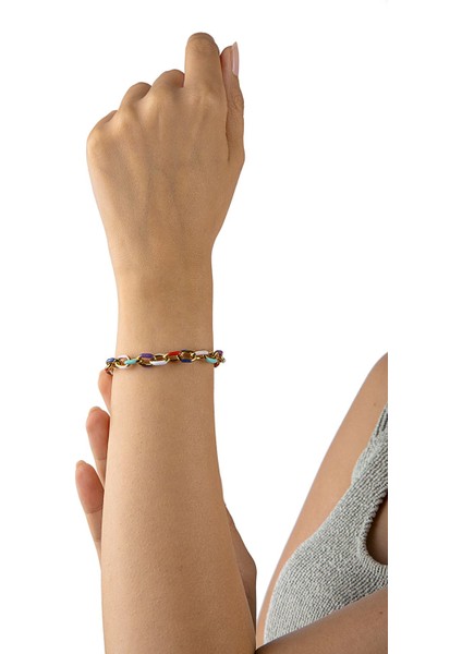 Altın Renkli Rengarenk Mineli Zincir Bileklik modelleri