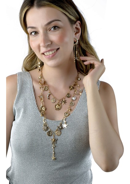 Astroloji Temalı Güneş & Ay Incili Bronz Kolye