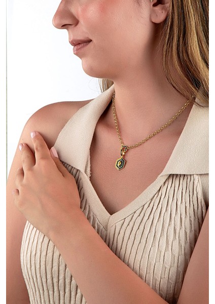 Halka Zincirli Siyah Mineli Sarı Taşlı Art Deco Kolye