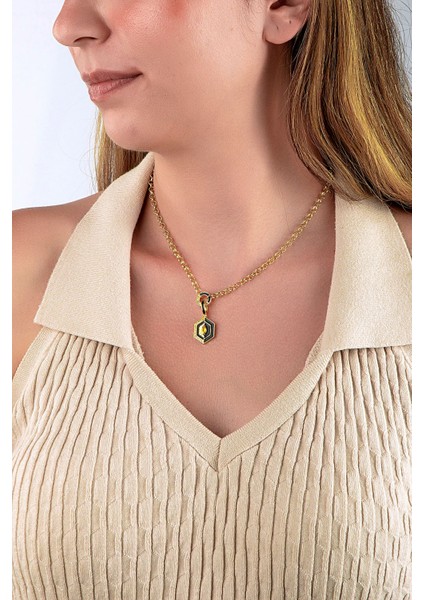 Halka Zincirli Siyah Mineli Sarı Taşlı Art Deco Kolye fiyatları