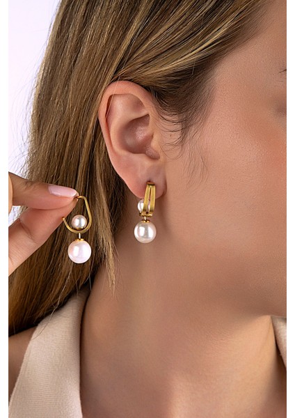 Altın Renkli Farklı Şekillerde Kullanılabilen Incili Çelik Küpe