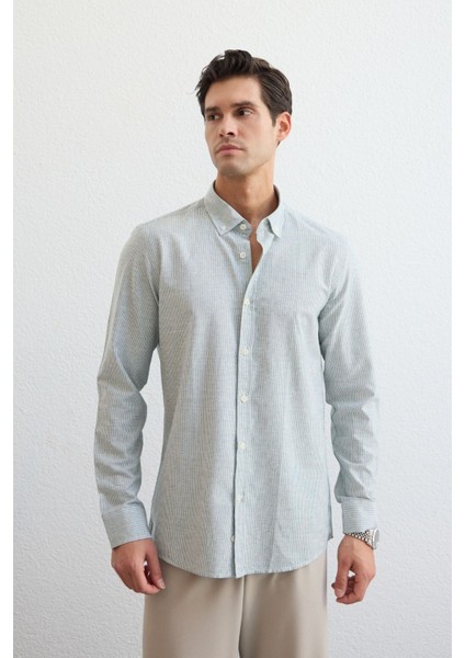 Misato Erkek Gömlek Modern Slim Fit Keten Görünümlü Ince Çizgili Hafif Kumaş