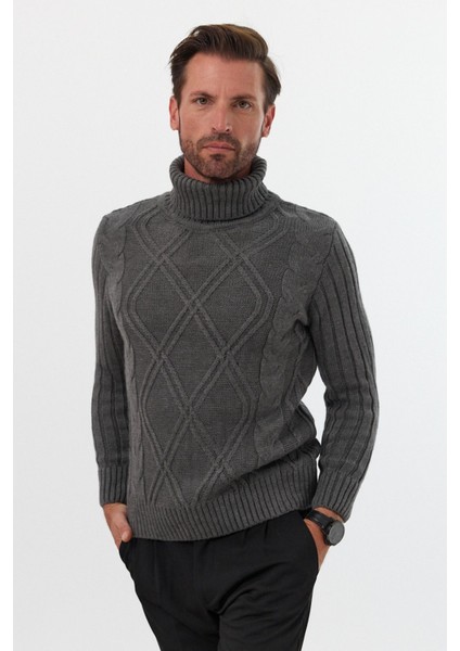 Erkek Saç Örgülü Baklava Desenli Tam Balıkçı Fitilli Kalın Triko Kazak