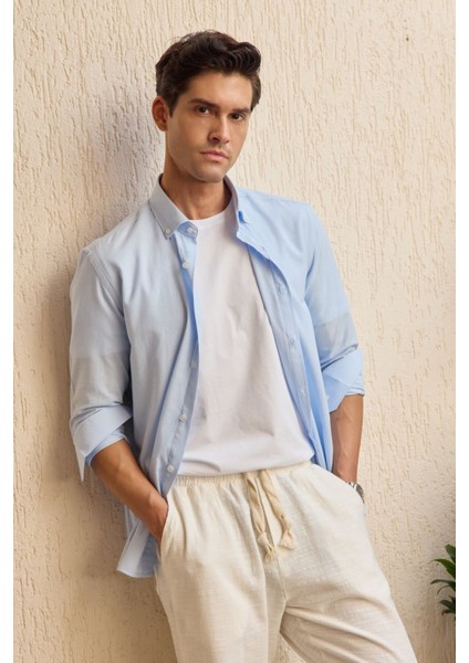 Turi Erkek Pamuk Gömlek Modern Slim Fit Keten Görünümlü Uzun Kol