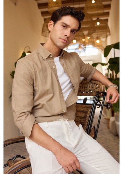 Turi Erkek Pamuk Gömlek Modern Slim Fit Keten Görünümlü Uzun Kol