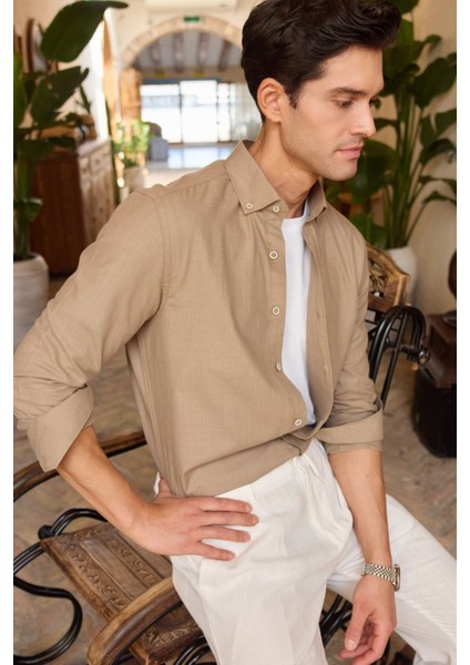 Turi Erkek Pamuk Gömlek Modern Slim Fit Keten Görünümlü Uzun Kol fiyatları