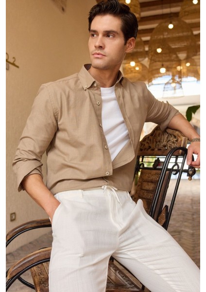 Turi Erkek Pamuk Gömlek Modern Slim Fit Keten Görünümlü Uzun Kol fırsatları