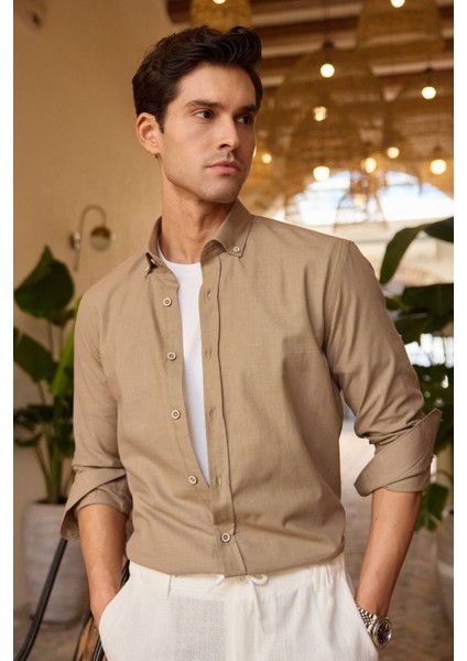 Turi Erkek Pamuk Gömlek Modern Slim Fit Keten Görünümlü Uzun Kol indirimleri
