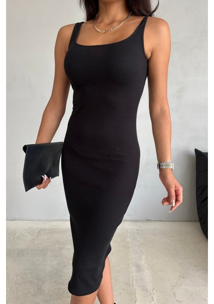 Vücuda Oturan Kalın Askılı Kolsuz Havuz Yaka Esnek Midi Elbise