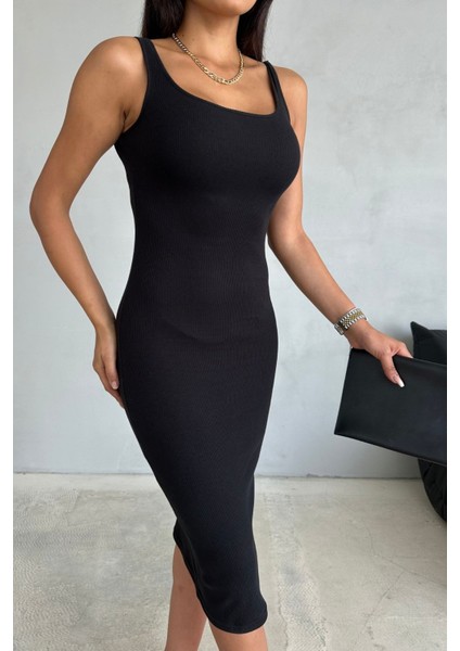 Vücuda Oturan Kalın Askılı Kolsuz Havuz Yaka Esnek Midi Elbise fırsatları