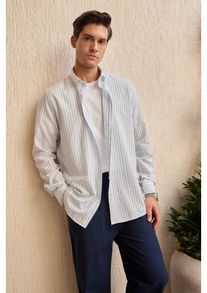 Onan Erkek Klasik Gömlek Modern Slim Fit Keten Görünümlü Ince Çizgili Desen