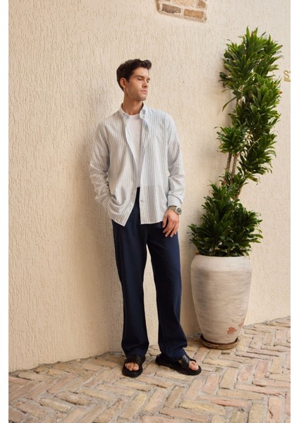 Onan Erkek Klasik Gömlek Modern Slim Fit Keten Görünümlü Ince Çizgili Desen fiyatları